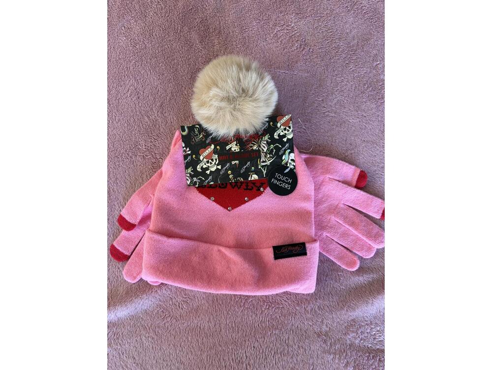 Lounge Pink Winter Hat and Gloves Set with Faux Fur Pom Pom